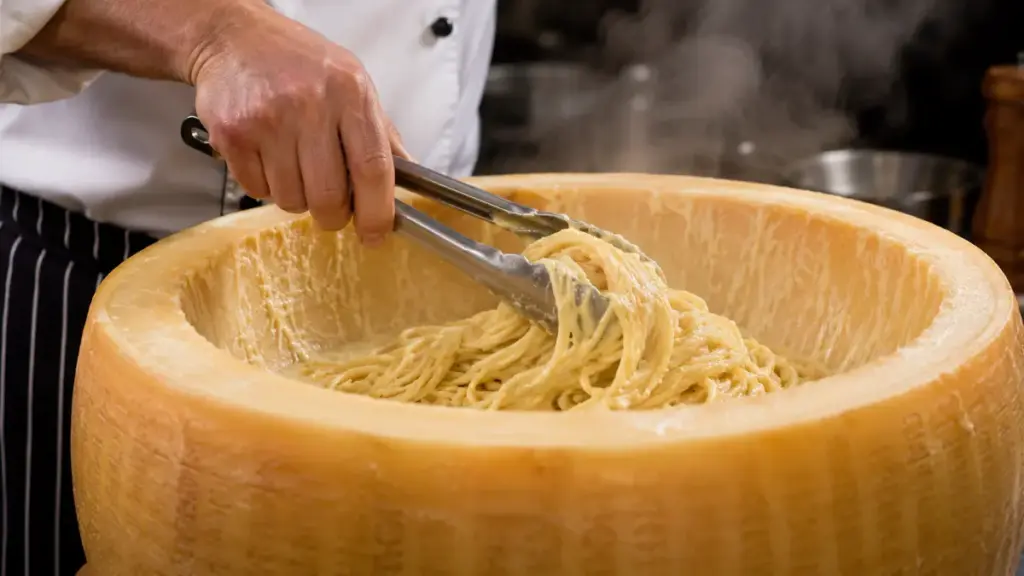 chef-mixing-gourmet-pasta-inside-a-massive-hollow-wheel-of-pecorino-cheese