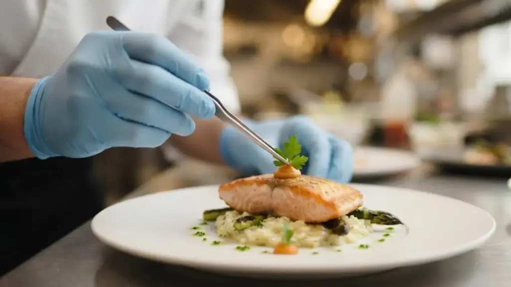 chef-placing-fresh-parsley-garnish-with-tweezers-for-cheap-food-meals