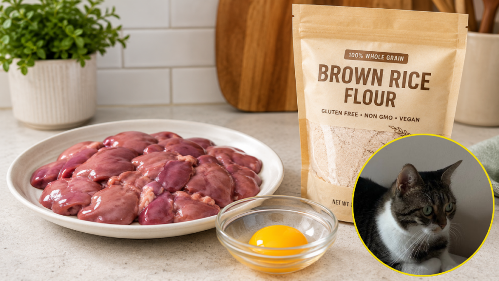 Iron rich ingredients laid out for a specialized cat biscuit treats recipe formulation