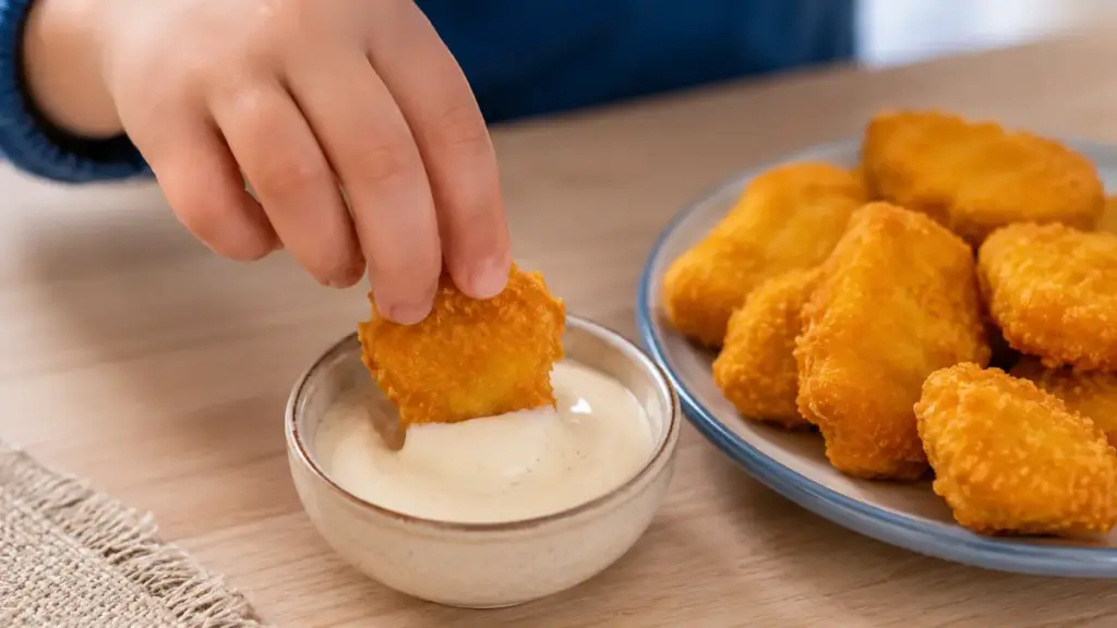 child-dipping-a-crispy-chicken-piece-into-creamy-sauce-for-fav-food-testing