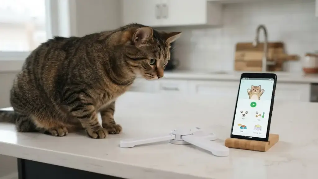 childproof-door-lever-lock-arranged-with-a-smartphone-for-cat-training-guidance