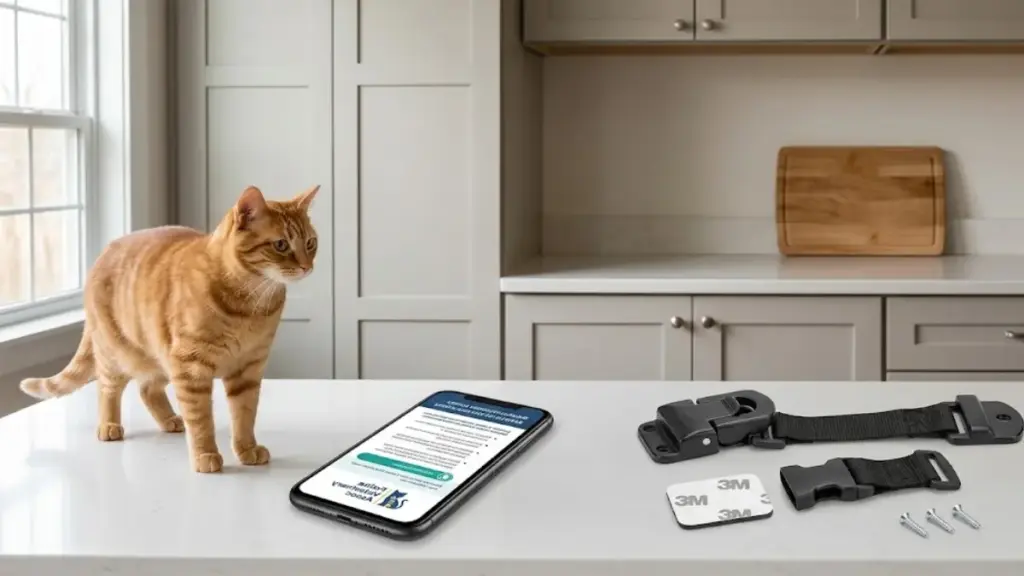 childproof-door-lock-placed-next-to-a-smartphone-showing-feline-care-guides-cat