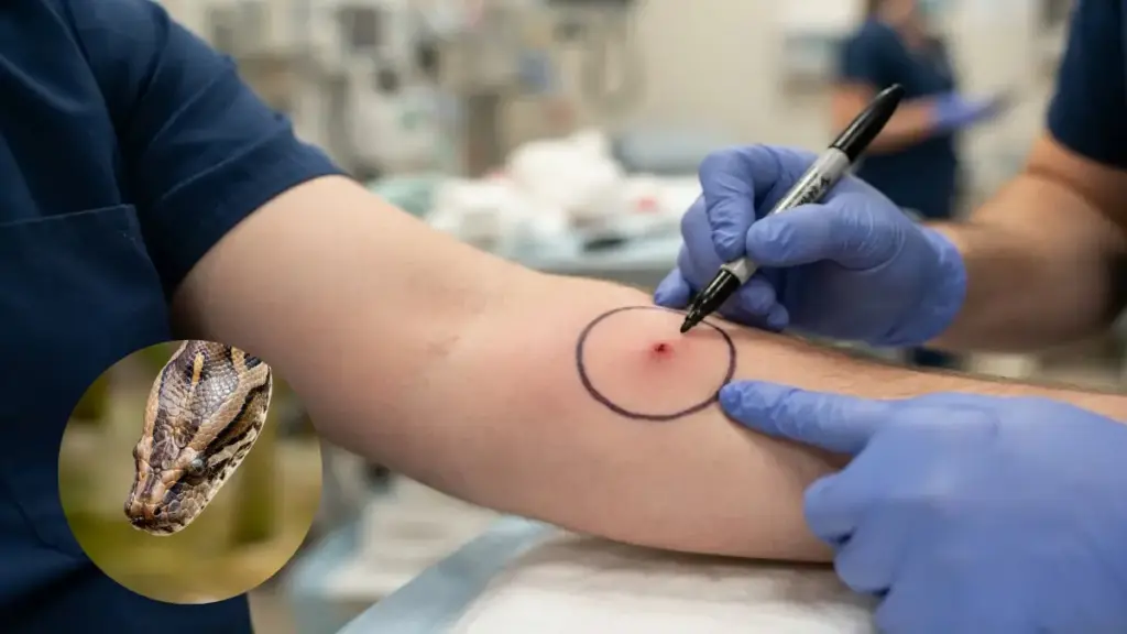 circular-ink-monitoring-ring-drawn-around-puncture-wounds-on-an-arm