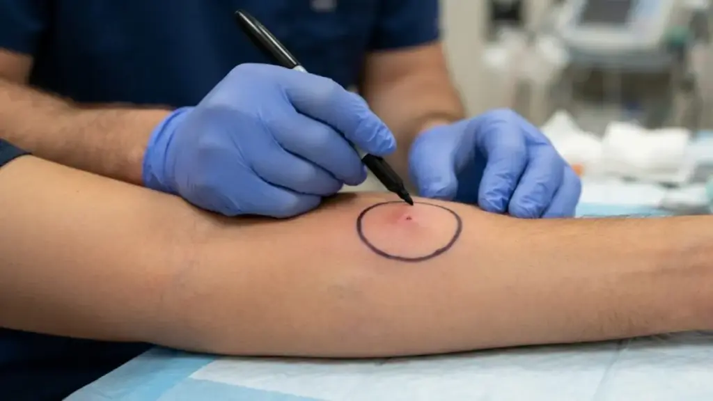 circular-ink-monitoring-ring-drawn-around-puncture-wounds-on-an-arm-snake