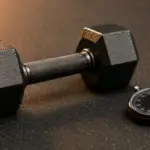 classic iron dumbbell resting next to a modern stopwatch on a gym mat 23 07