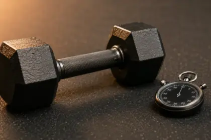 classic iron dumbbell resting next to a modern stopwatch on a gym mat 23 07