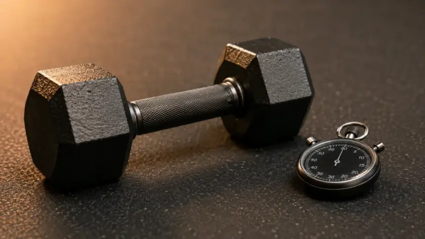 classic iron dumbbell resting next to a modern stopwatch on a gym mat 23 07