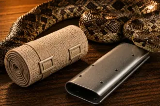 clean compression bandage and splint prepared for snakebite emergency