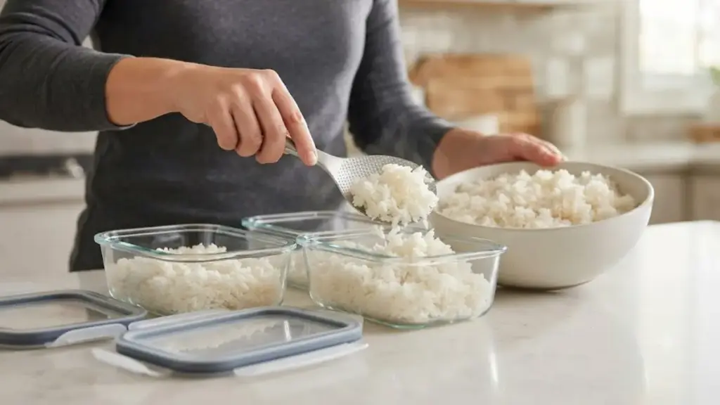 clean-glass-storage-containers-being-filled-with-cooked-white-rice-to-preserve-left-over-rice