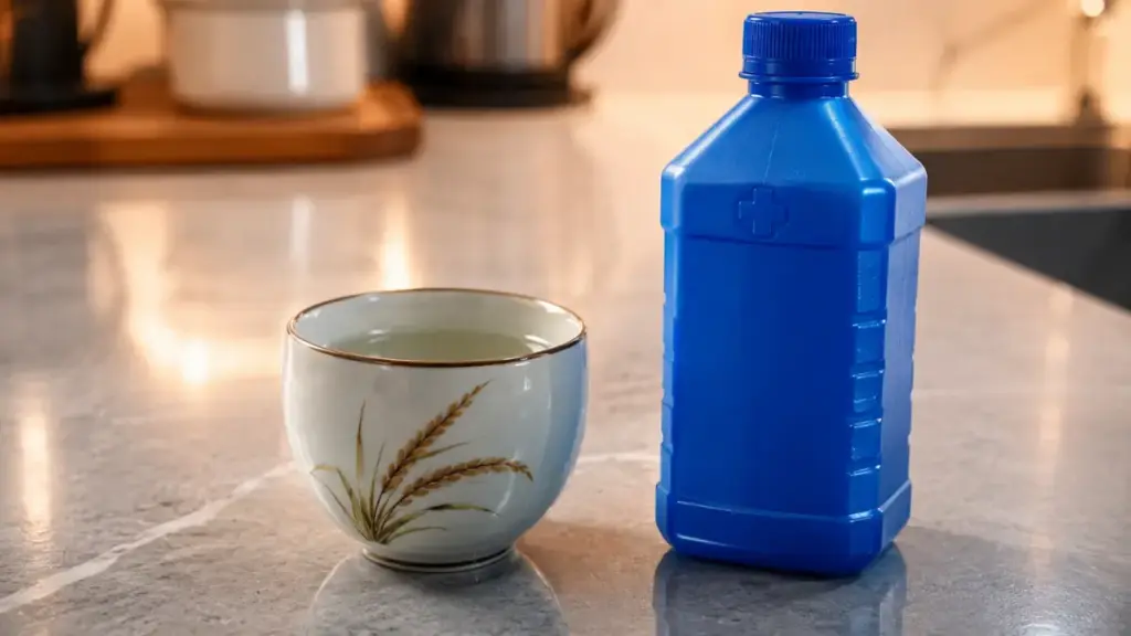 clean-porcelain-cup-of-warm-sake-contrasted-with-harsh-rubbing-alcohol-to-evaluate-rice-wine