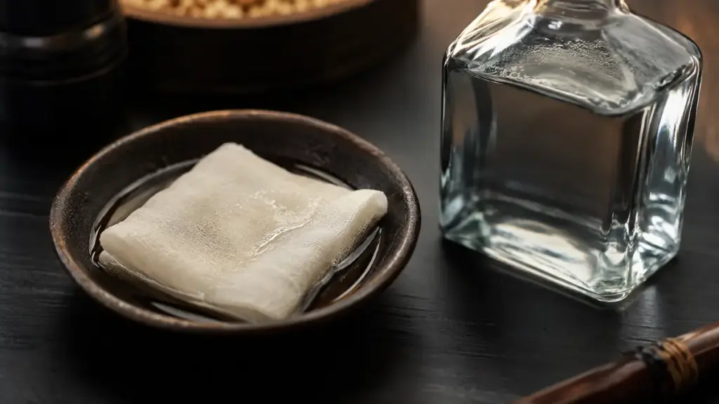 clean-white-gauze-compress-contrasted-with-industrial-rubbing-alcohol-to-evaluate-japanese-wine-rice