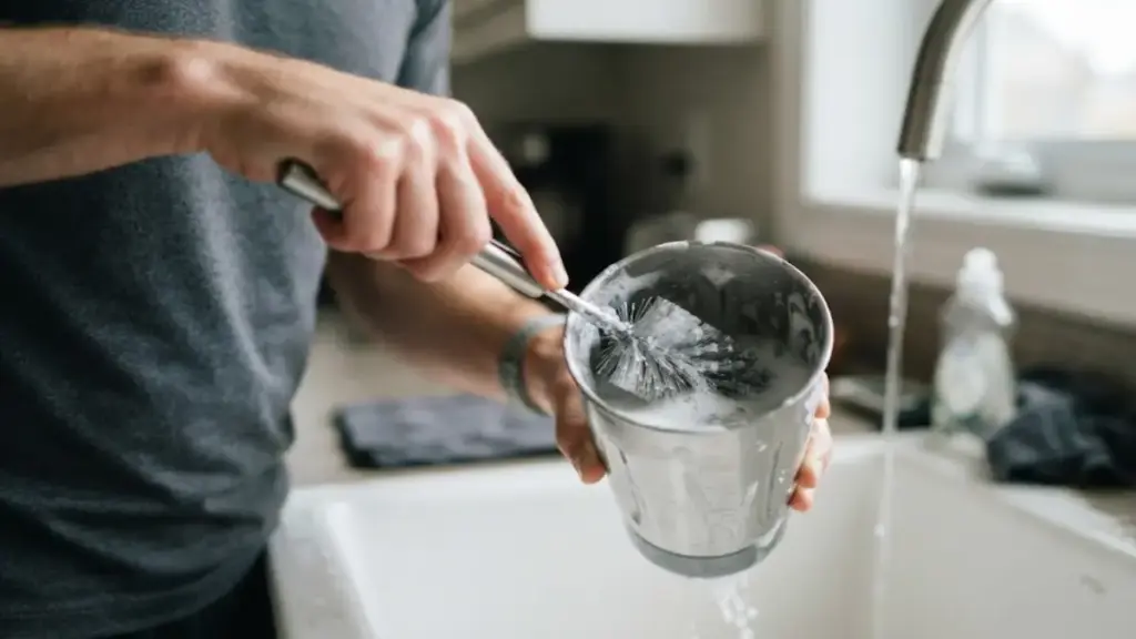 cleaning-a-metal-blender-cup-with-soap-and-water