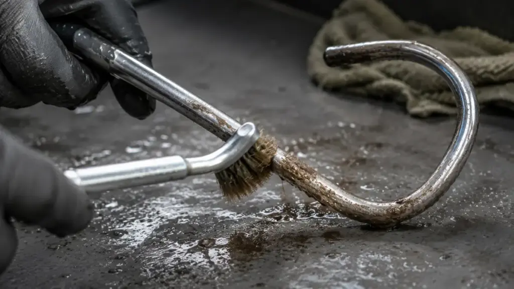 cleaning-a-metal-snake-hook-with-a-soapy-sponge-after-hunting-in-florida-seasons