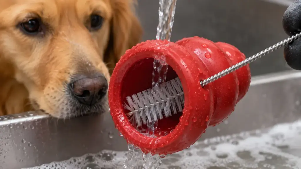 cleaning-a-rubber-dog-chew-toy-with-a-bottle-brush-under-a-running-tap