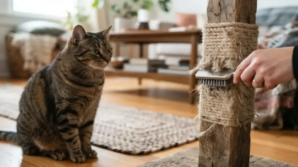 cleaning-a-wooden-cat-scratching-post-with-a-soapy-brush-to-help-feline-stress-symptoms