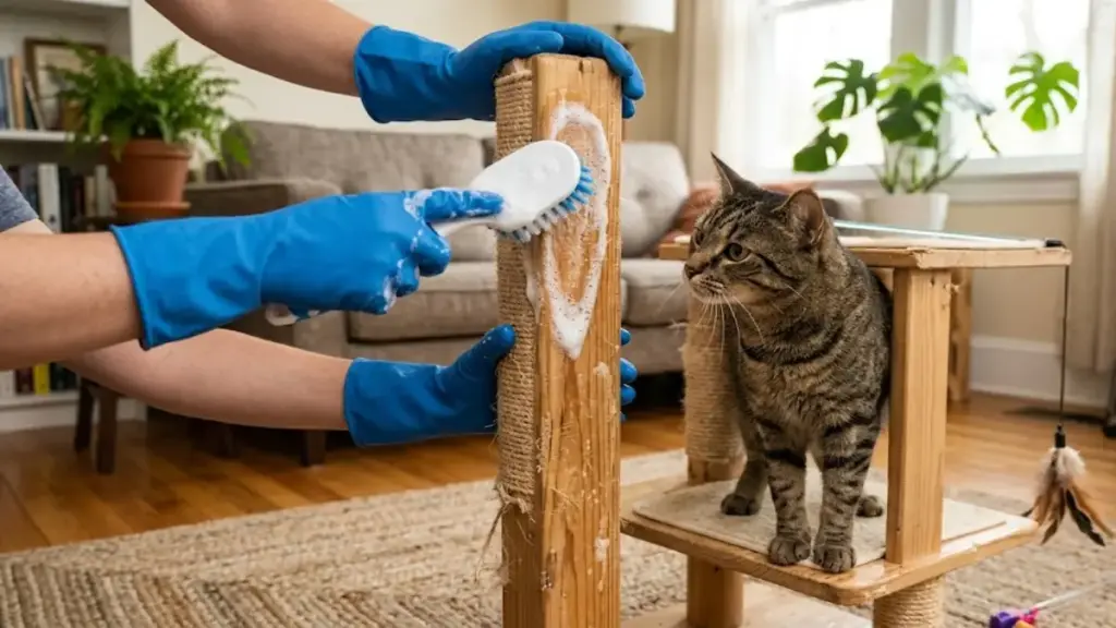 cleaning-a-wooden-cat-scratching-post-with-a-soapy-brush-to-help-prevent-feline-aggression-pet