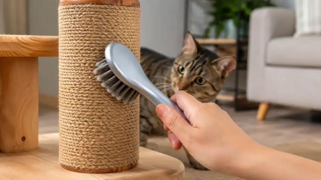 cleaning-a-wooden-cat-scratching-post-with-a-soapy-brush-to-maintain-hygiene