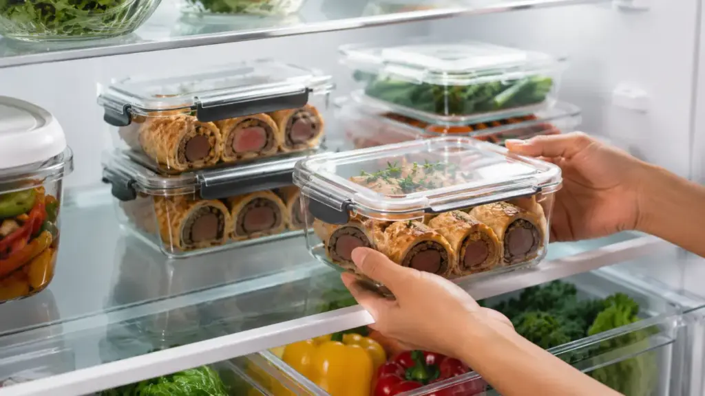 clear-food-storage-containers-arranged-neatly-inside-a-refrigerator-for-a-mini-steak-wellington-recipe