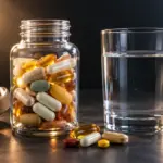 clear glass bottle of vitamin capsules on a slate tabletop