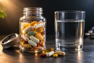 clear glass bottle of vitamin capsules on a slate tabletop