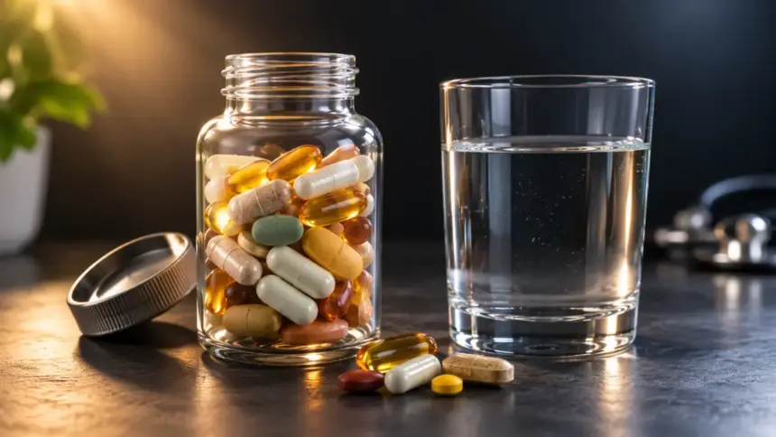 clear glass bottle of vitamin capsules on a slate tabletop