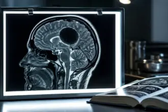 clinical head mri scan showing a shadowed lesion on a light box hjk