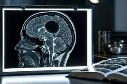 clinical head mri scan showing a shadowed lesion on a light box hjk