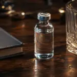 clinical medicine vial and empty whiskey glass on a table medicine