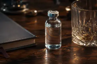 clinical medicine vial and empty whiskey glass on a table medicine