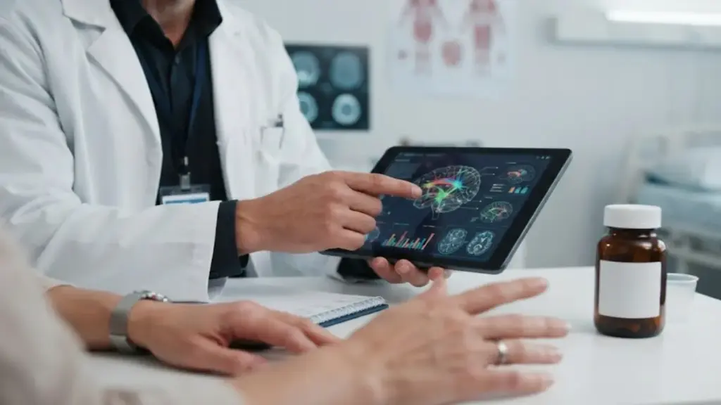 clinical-neurologist-showing-brain-mapping-charts-to-a-patient-on-a-tablet-medicine