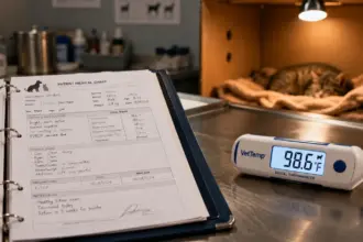 clinical veterinary setup for tracking signs cat is giving birth