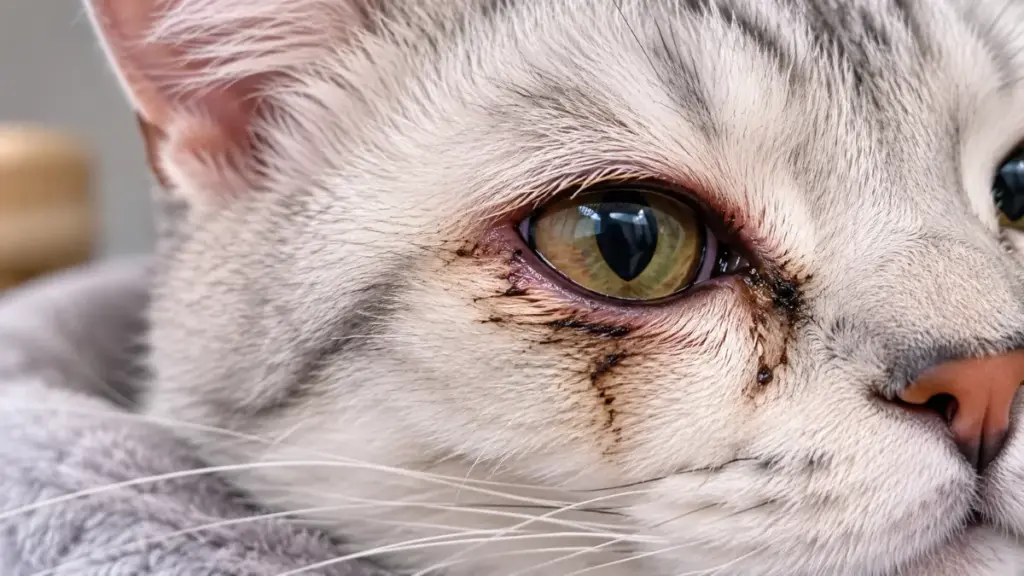 close-up-of-a-cats-eye-showing-dark-discharge-from-fine-dust-irritation