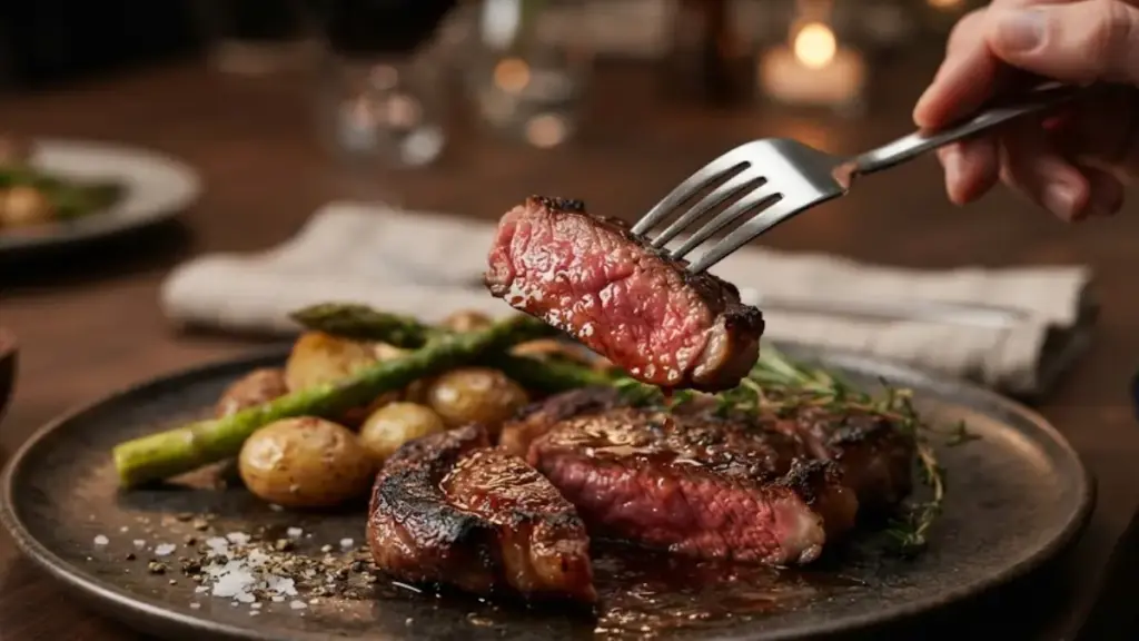close-up-of-medium-rare-steak-piece-on-a-silver-fork