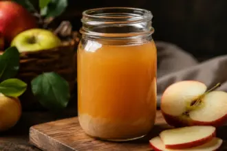 cloudy probiotic sediment layer inside mason jar representing raw organic apple vinegar