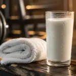 cold glass of fresh milk resting on a gym bench