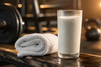 cold glass of fresh milk resting on a gym bench