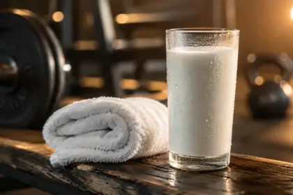 cold glass of fresh milk resting on a gym bench