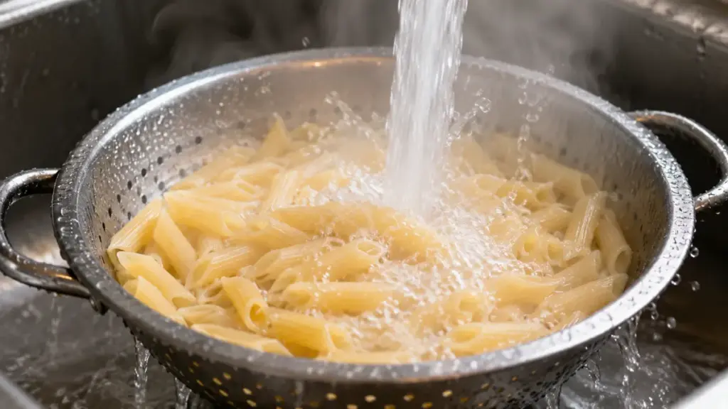 cold-tap-water-rinsing-fresh-pasta-in-a-colander-and-stripping-starches