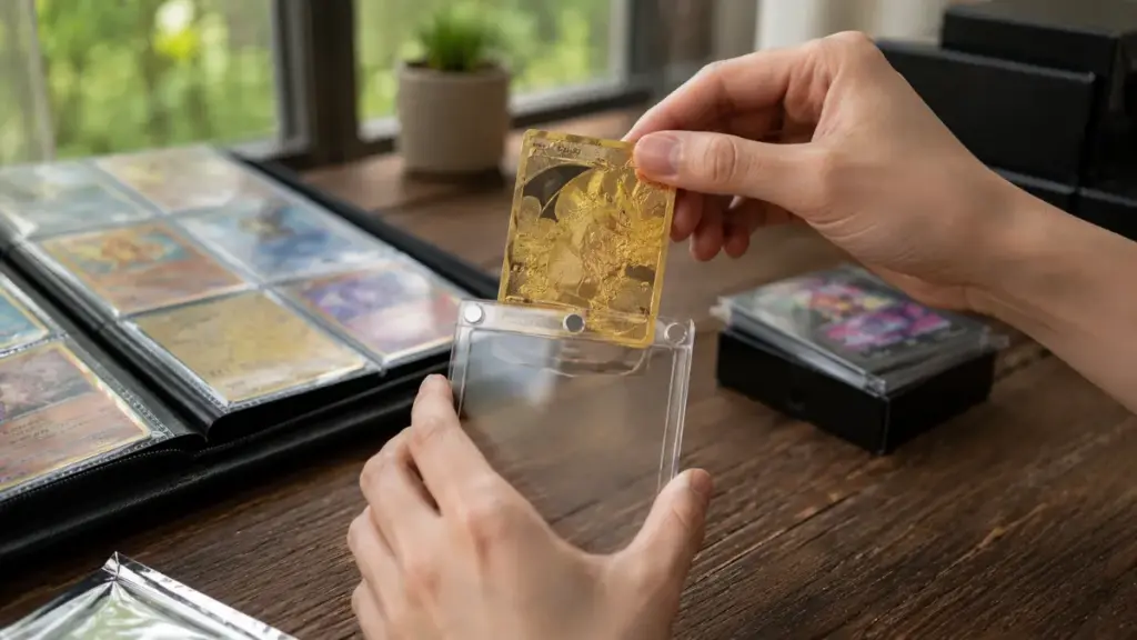  collector-placing-gold-pokemon-card-in-magnetic-case