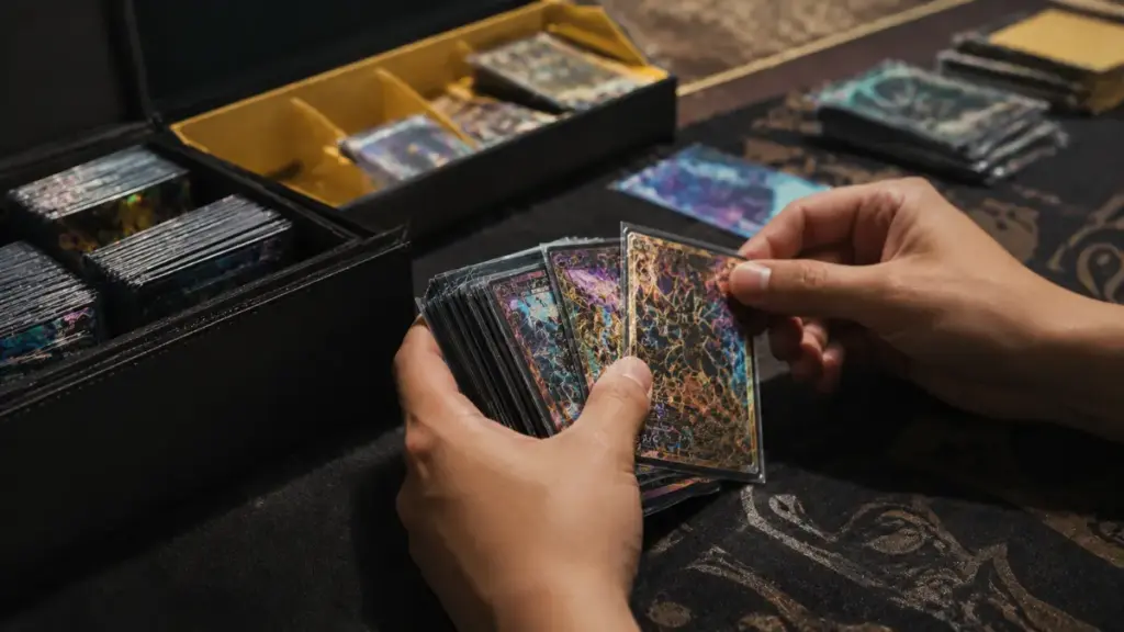 collector-holding-acrylic-case-by-wall-for-pokémon-pitch-black-card-list
