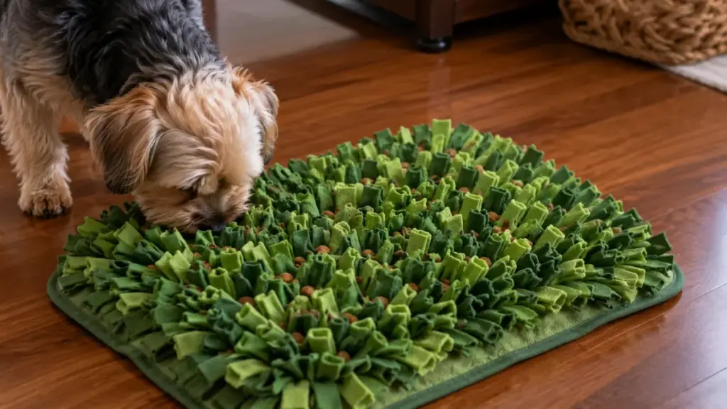 colorful-fabric-canine-snuffle-mat-loaded-with-dry-food-treats-on-a-floor