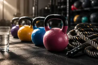 colorful kettlebells and battle ropes on a gym floor thecouch