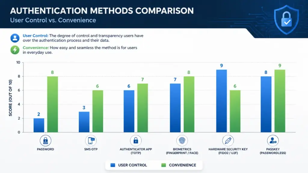 comparison table of authentication methods and passkeys control