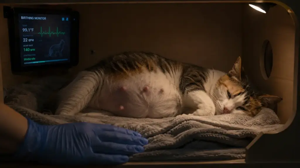 conceptual-veterinary-monitoring-signs-cat-is-giving-birth-with-subtle-technician-presence