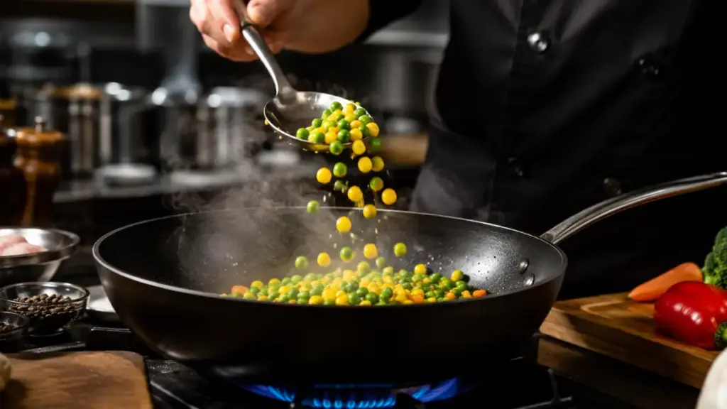 cook-tossing-frozen-peas-and-corn-into-a-hot-pan-for-easy-prepared-meals