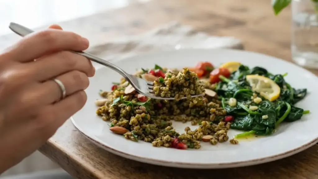 cooked-cracked-freekeh-and-steamed-spinach-on-a-clean-plate