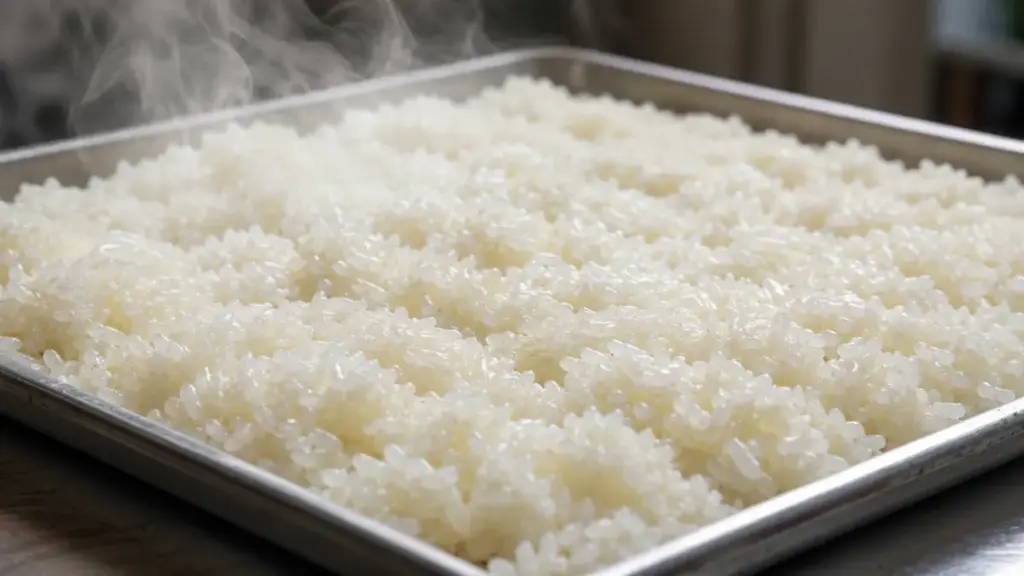 cooked-glutinous-rice-cooling-on-a-large-metal-sheet-for-proper-rice-wine-fermentation