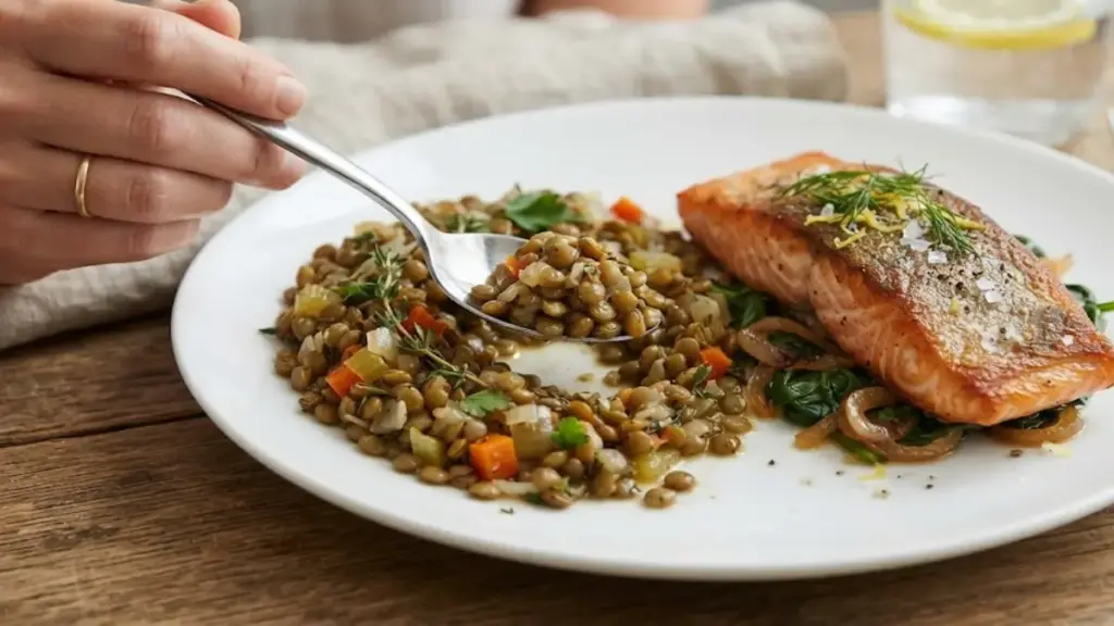 cooked-green-lentils-and-seared-salmon-on-a-clean-white-plate