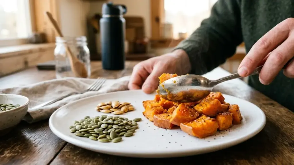cooked-sweet-potatoes-and-pumpkin-seeds-on-a-clean-white-plate