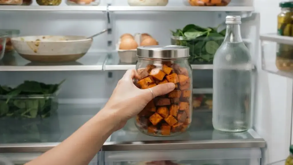 cooked-sweet-potatoes-stored-in-a-glass-jar-on-a-fridge-shelf